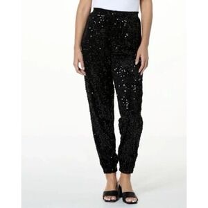 Serra Black Sequin Pull On Jogger Pants Pockets Size Medium NWT